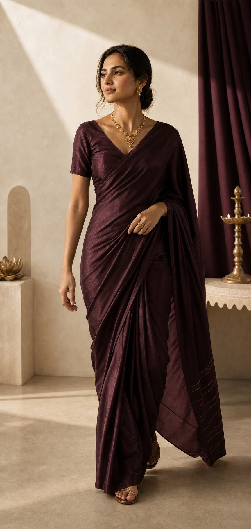 The Asviya woman walking with courage in a plum saree and gold jewellery