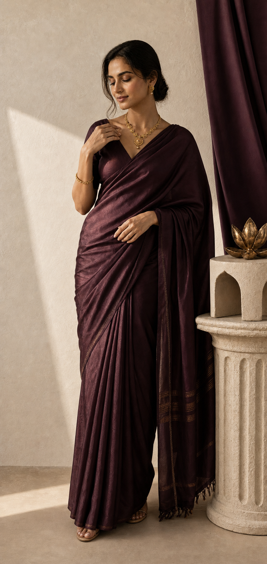 The Asviya woman expressing grace in a plum saree and gold jewellery